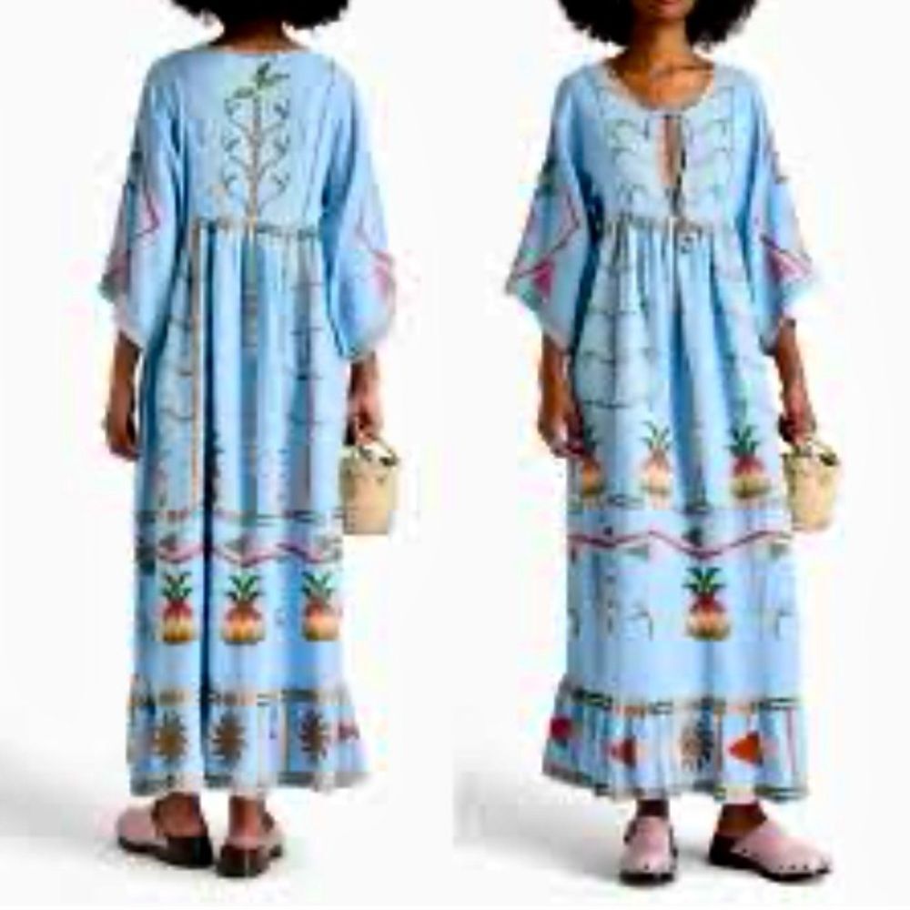 NEW FARM Rio Embroidered Pineapple Maxi Dress Beaded Tassel Linen Blue Size M - Picture 9 of 16